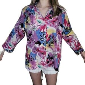 Apparenza Womens Size XL Extra Large Button Down V Neck Top Shirt Floral